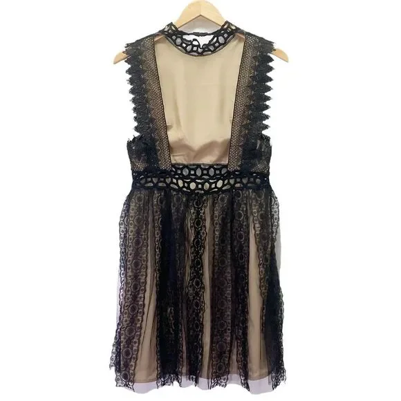Free People Forever Lace Babydoll Deco Mini Dress Black & Nude Women’s Size 10 - Picture 4 of 16